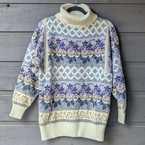 VTG 80s The Import Workshop Floral Turtleneck Sweater Size Small Cream Gray Pink